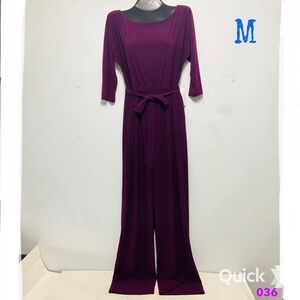 M - NWT Plum 3/4 Sleeve Tie Neck Jumpsuit - 036